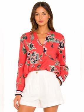 Part Two Floral V-Neck Long-Sleeve Blouse in Coral Red